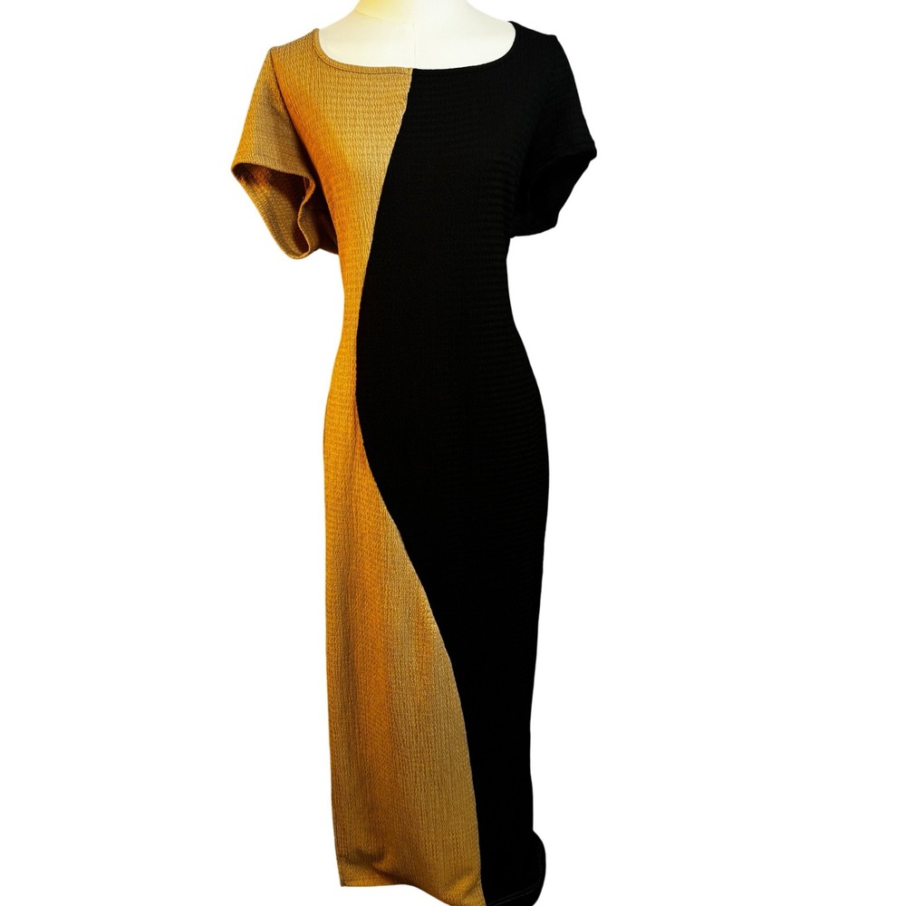 Shein Curve‎ 2XL Maxi Dress Black Tan Color Block Slit Seersucker